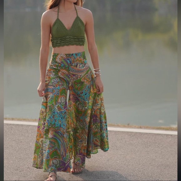 CREME BOHEME Pants - SILK Floral Green Wide Leg Pants